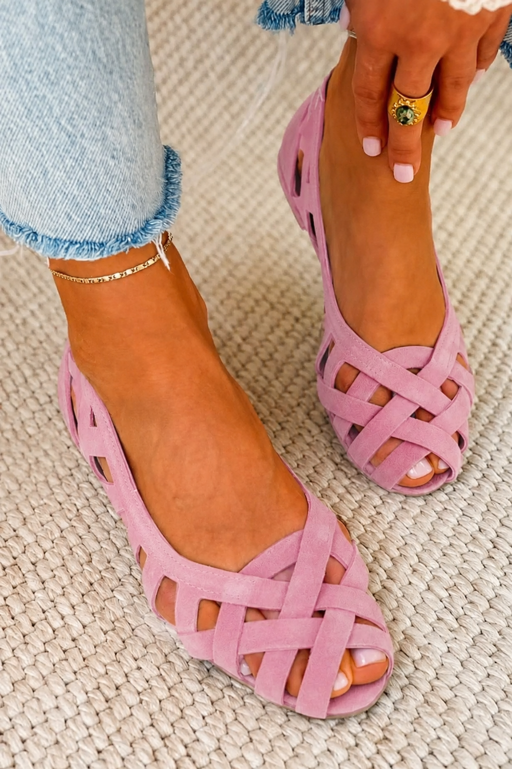 Poppy - Open-toe Flat Sandals with Interwoven Fabric