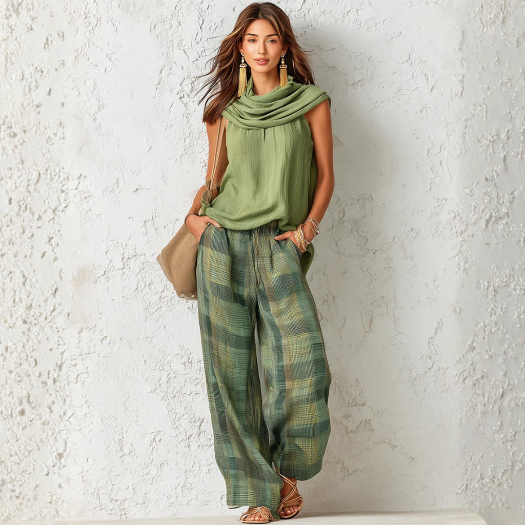 Sage - Breeze Tank Top and Wide Check Trousers Set