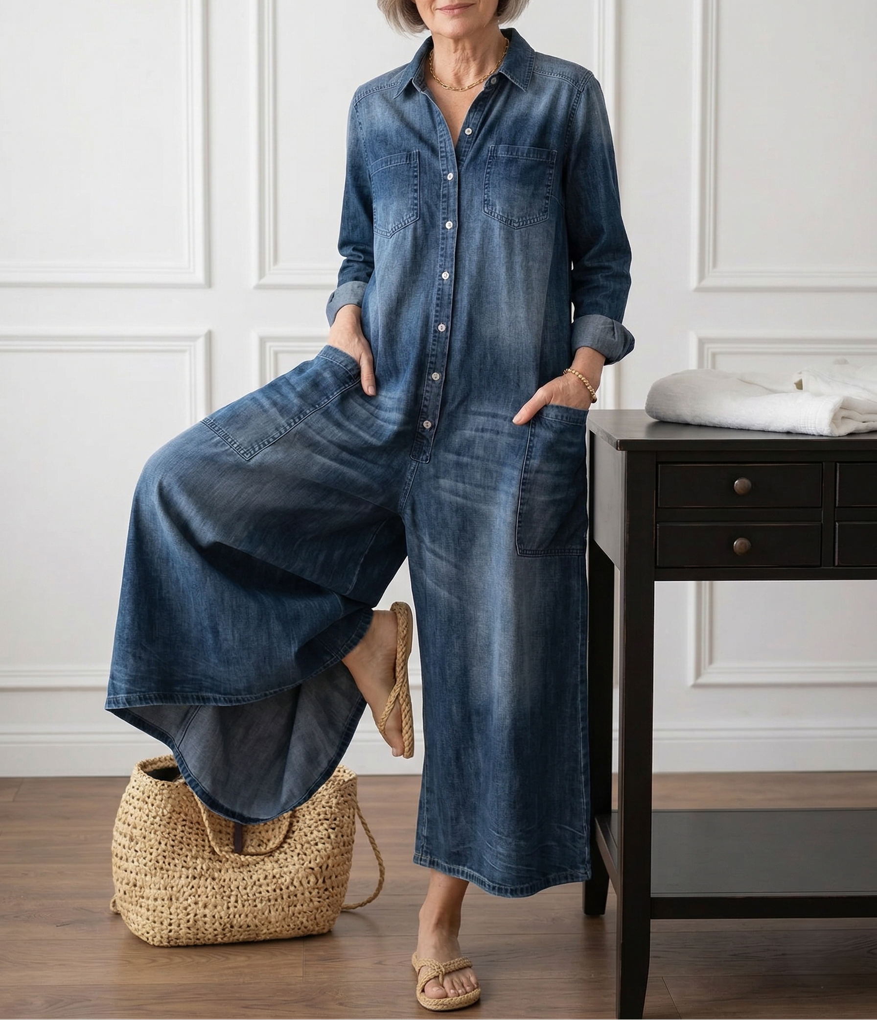 Saylor - Vintage Washed Soft Cotton Denim Jumpsuit with Button Closure