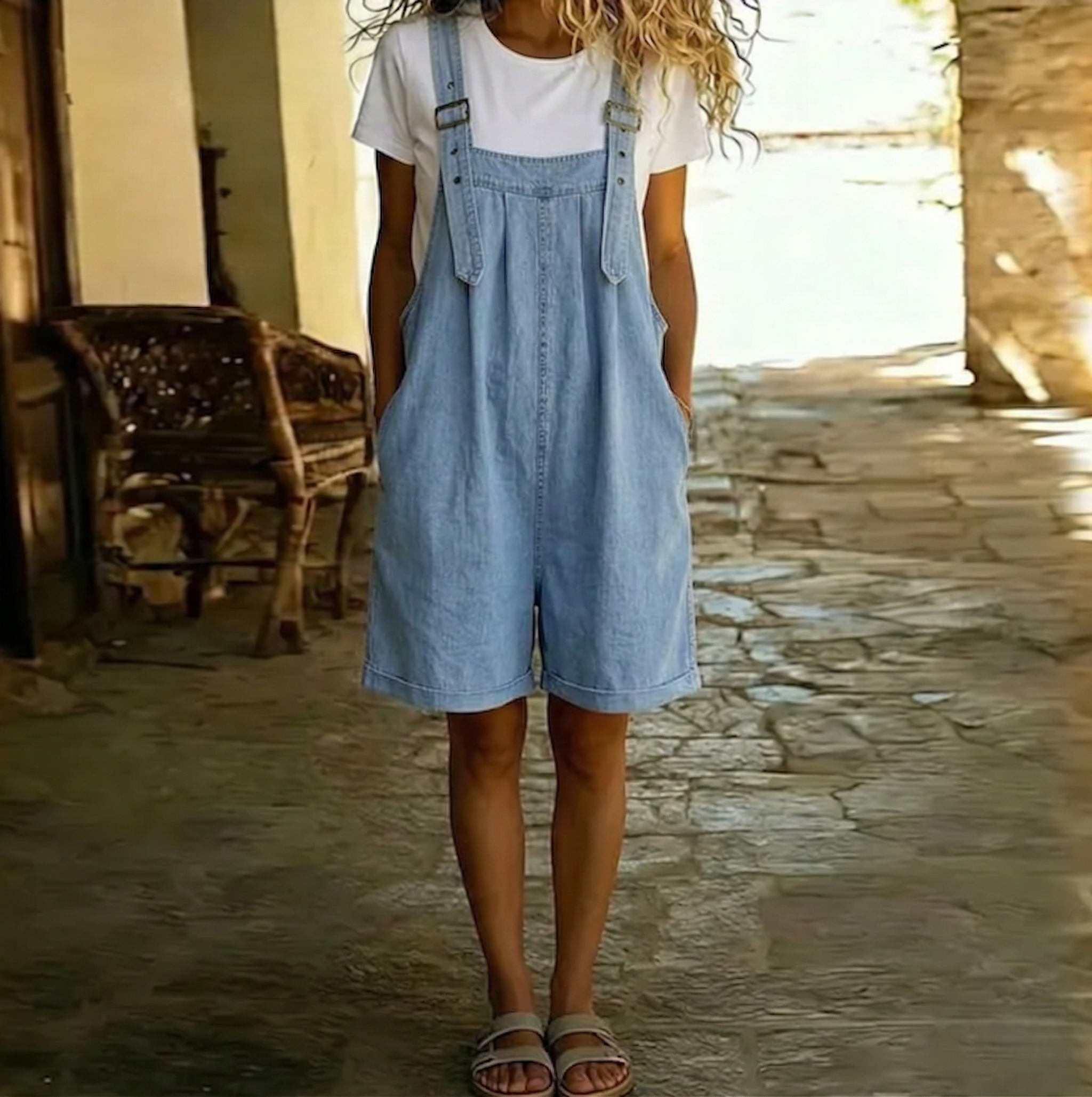 Michelle - Vintage Washed Soft Cotton Feel Denim Short Overall Light Blue
