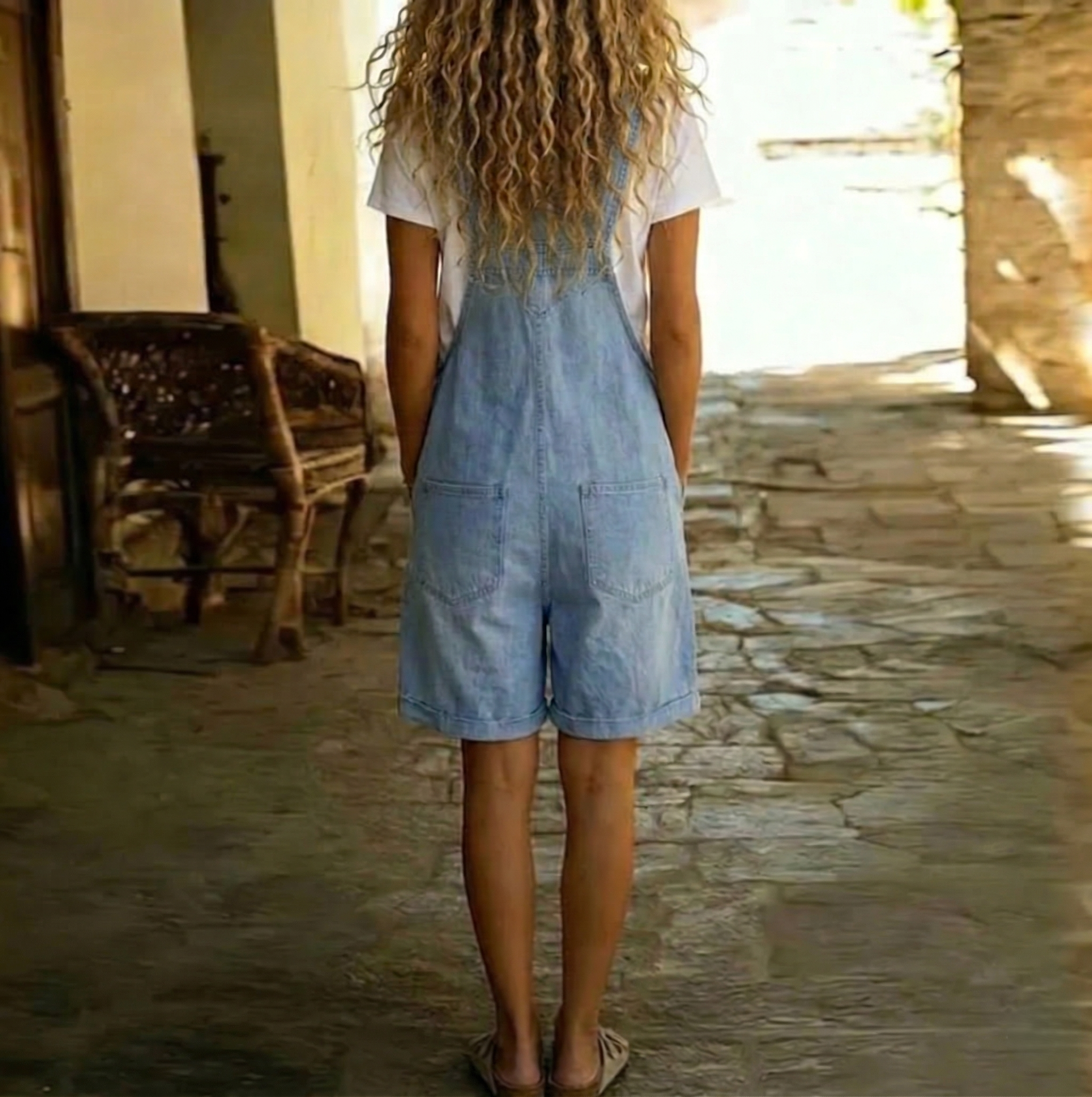 Michelle - Vintage Washed Soft Cotton Feel Denim Short Overall Light Blue