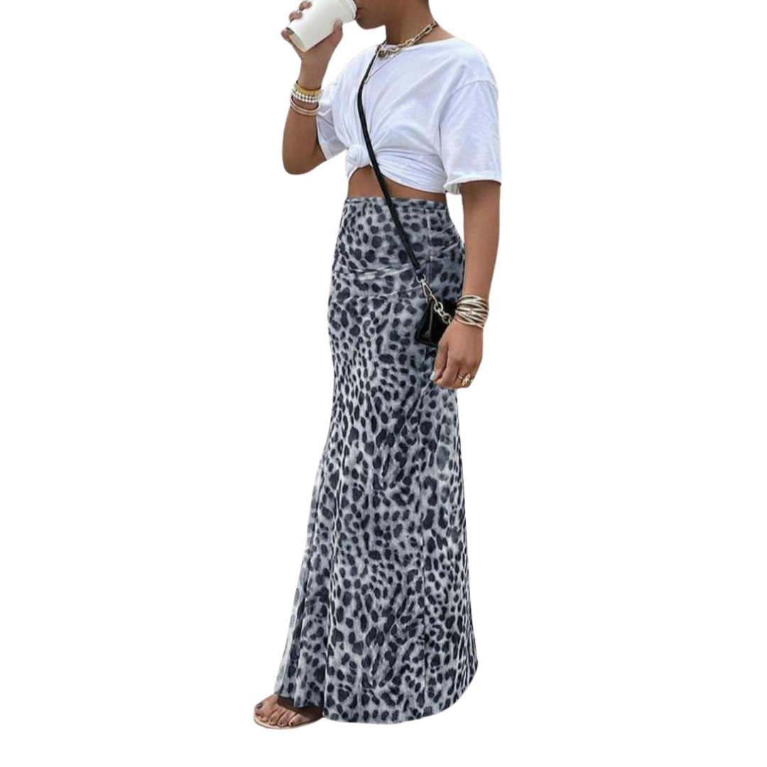 THORA™ – Wild Leopard Print Fishtail Midi Skirt