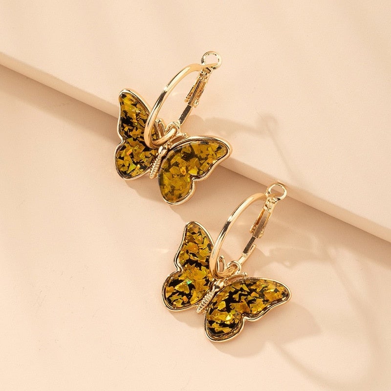 Gold Multi-Coloured Butterfly Hoop Earrings