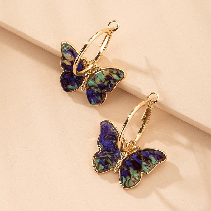 Gold Multi-Coloured Butterfly Hoop Earrings