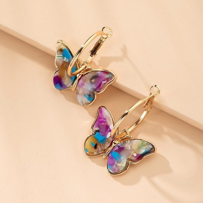 Gold Multi-Coloured Butterfly Hoop Earrings