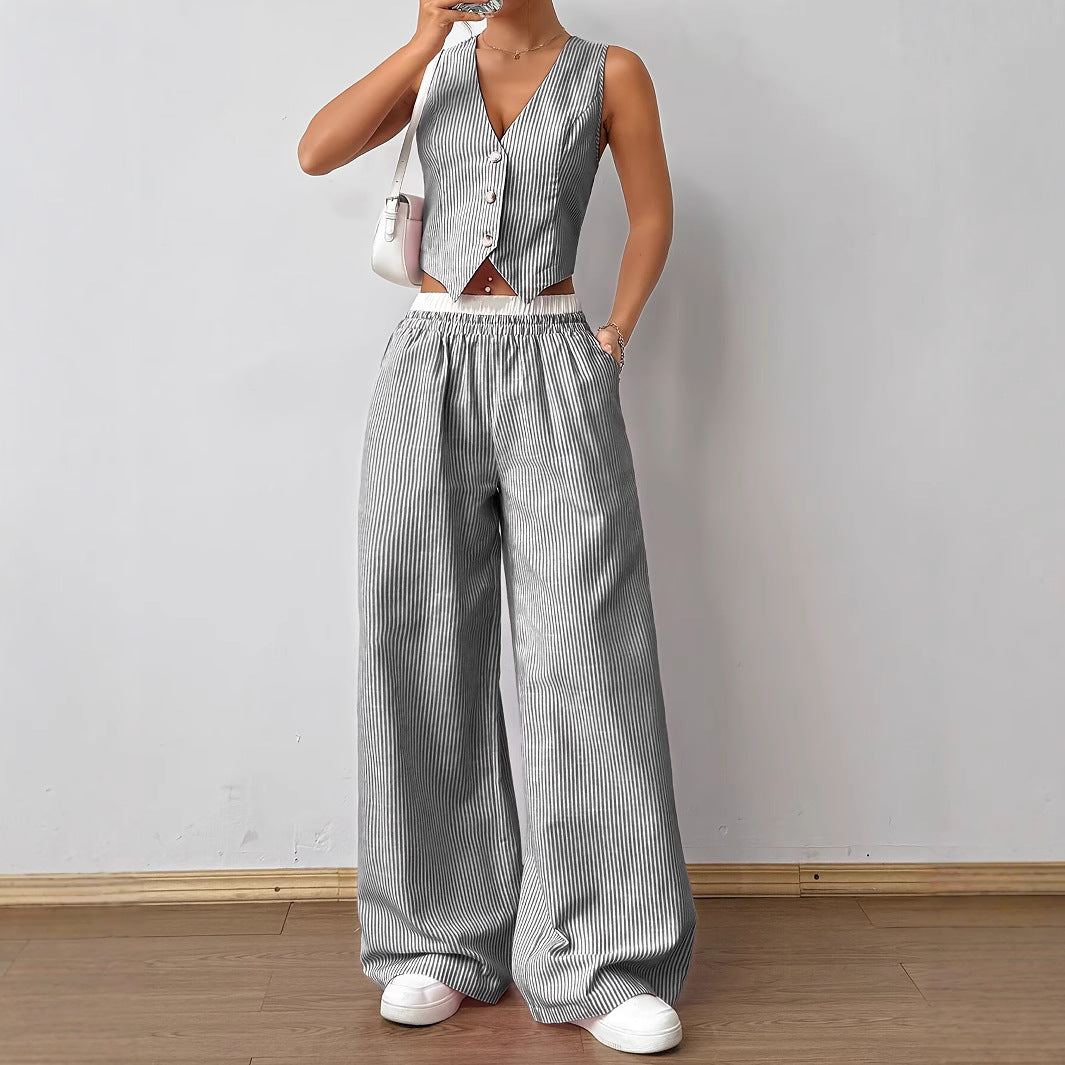 HELENA™ - Elegant Striped Print Vest Top & Wide-Leg Trousers Set