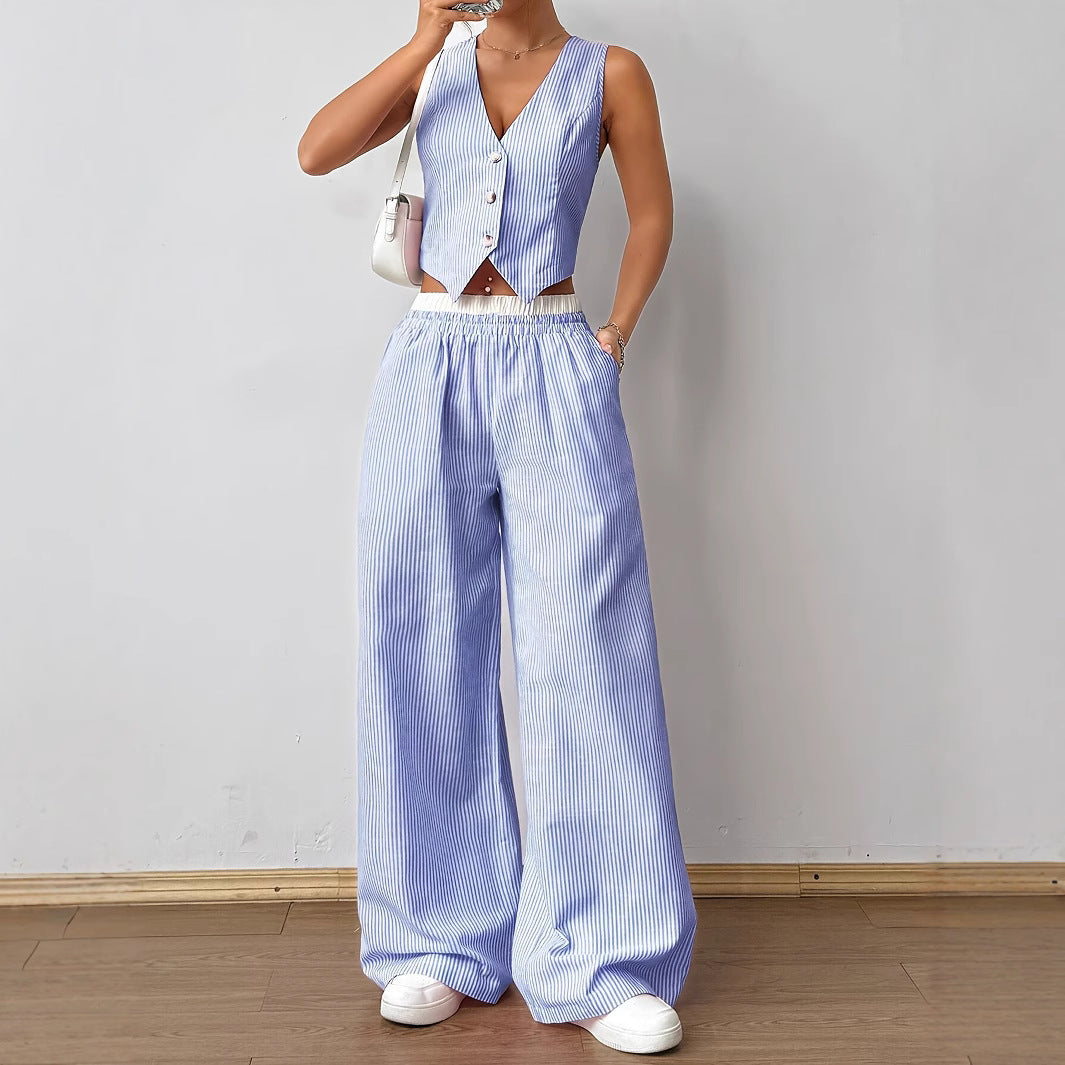 HELENA™ - Elegant Striped Print Vest Top & Wide-Leg Trousers Set