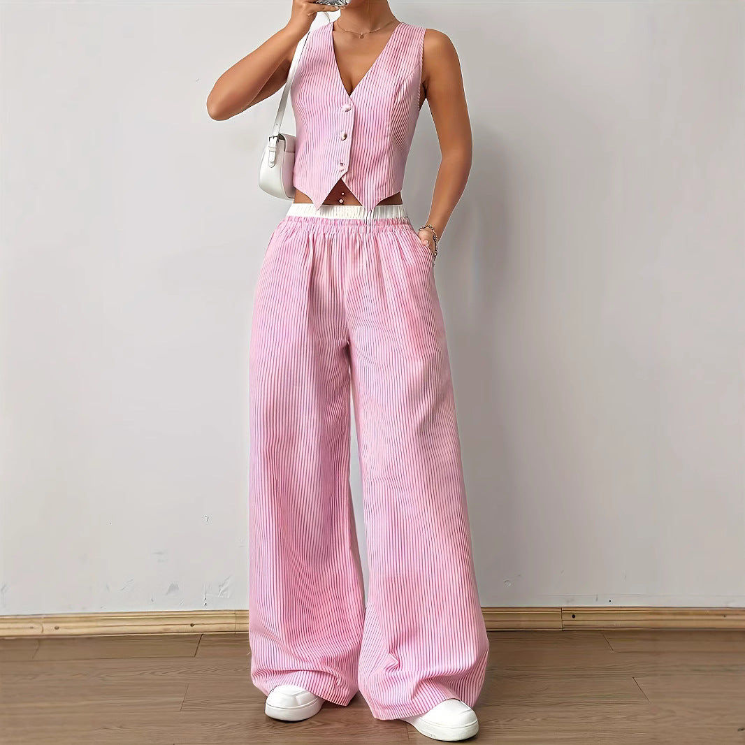 HELENA™ - Elegant Striped Print Vest Top & Wide-Leg Trousers Set