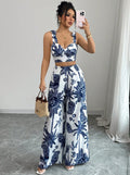 THAWDI™ - Elegant Boho Printed Crop and Wide Leg Pants Set