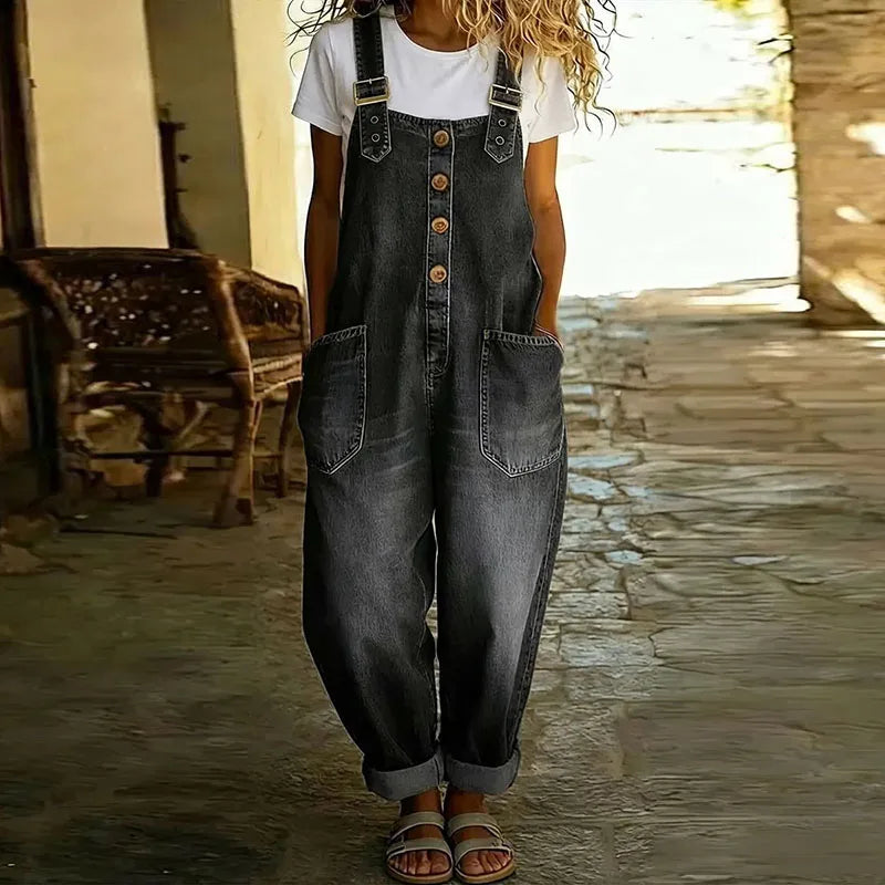 Mara - Vintage Soft Cotton Denim-Look Dungarees with Adjustable Straps