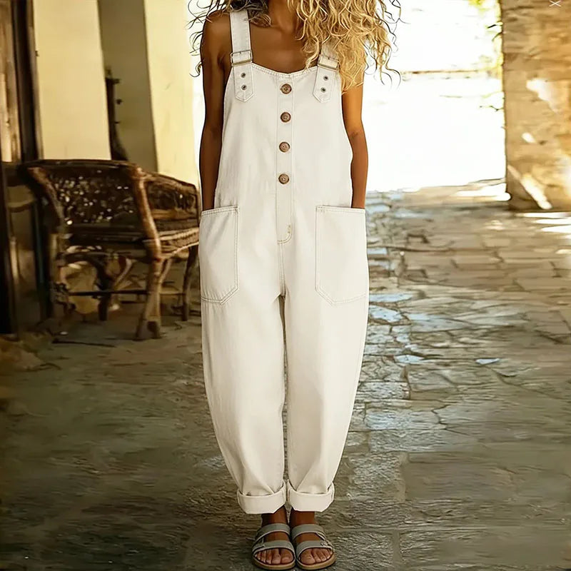 Mara - Vintage Soft Cotton Denim-Look Dungarees with Adjustable Straps