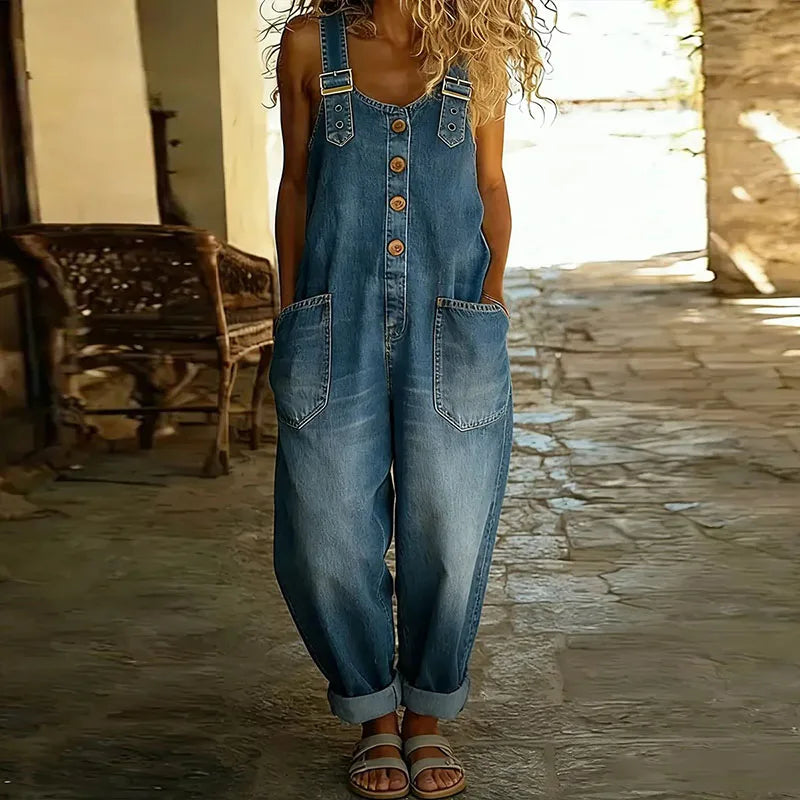 Mara - Vintage Soft Cotton Denim-Look Dungarees with Adjustable Straps