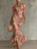 Fiora - Long dress with vintage rose print and puff sleeves