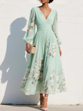 Maxi Pleated Chiffon Dress in Mint Green with Floral Print for Women