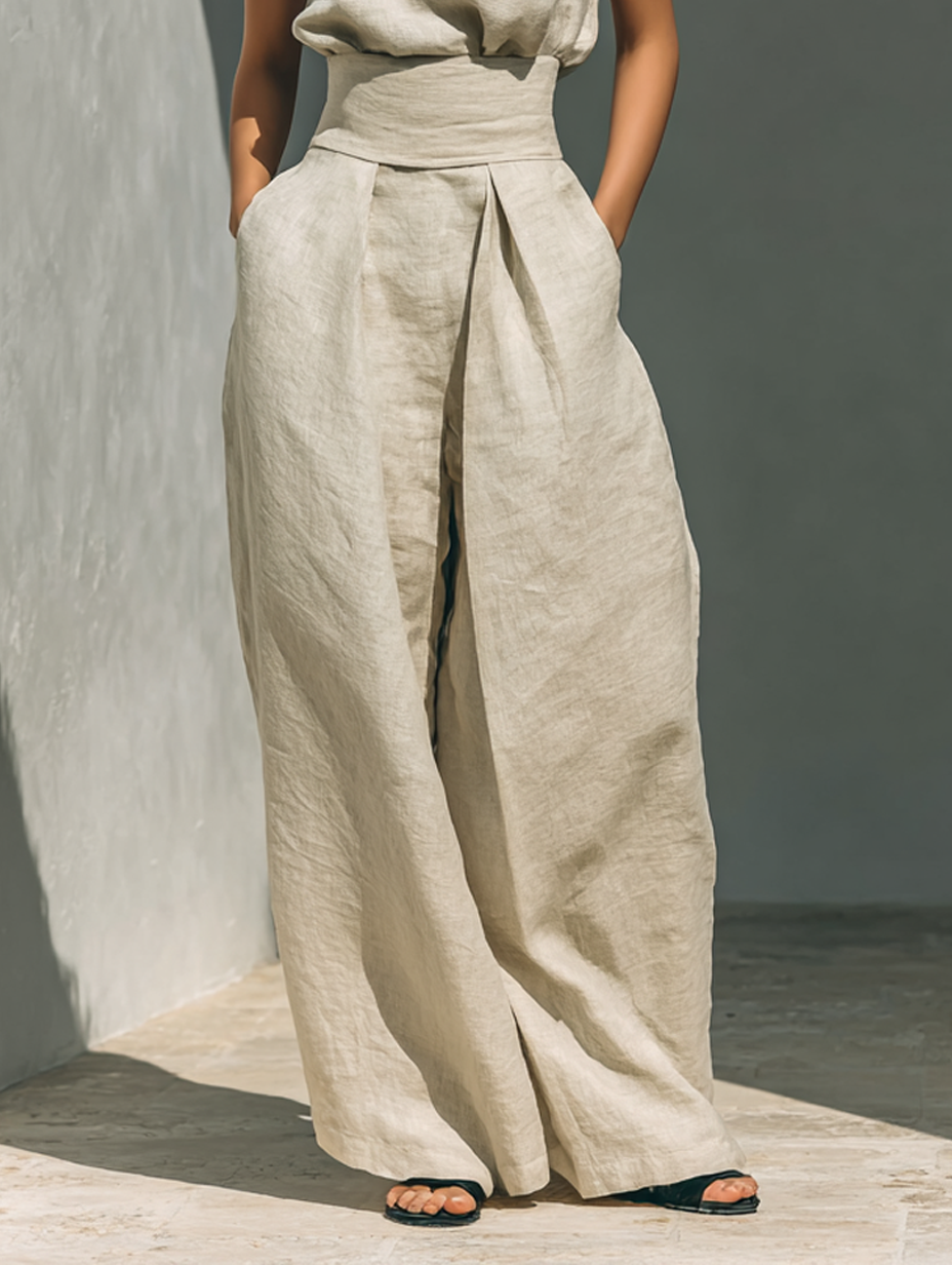 Aurora | Set consisting of a sleeveless beige top in a cotton-linen blend and wide-leg trousers