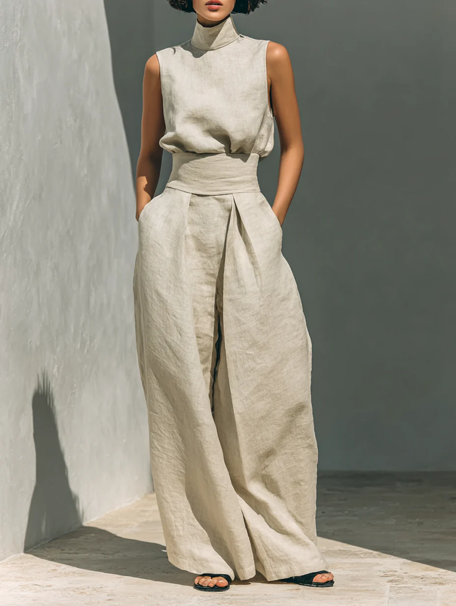 Aurora | Set consisting of a sleeveless beige top in a cotton-linen blend and wide-leg trousers