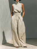 Aurora | Set consisting of a sleeveless beige top in a cotton-linen blend and wide-leg trousers