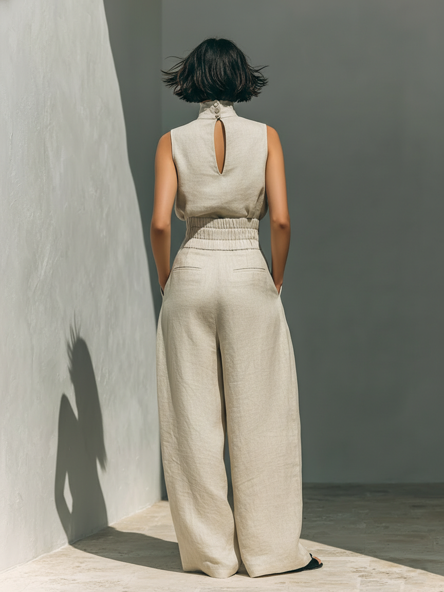 Aurora | Set consisting of a sleeveless beige top in a cotton-linen blend and wide-leg trousers