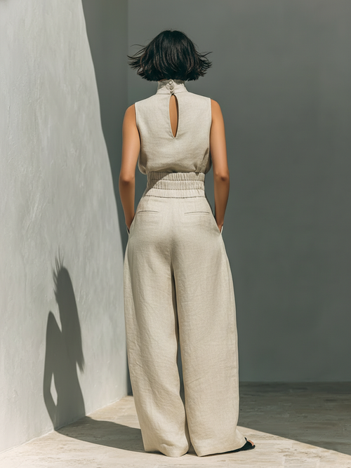 Aurora | Set consisting of a sleeveless beige top in a cotton-linen blend and wide-leg trousers