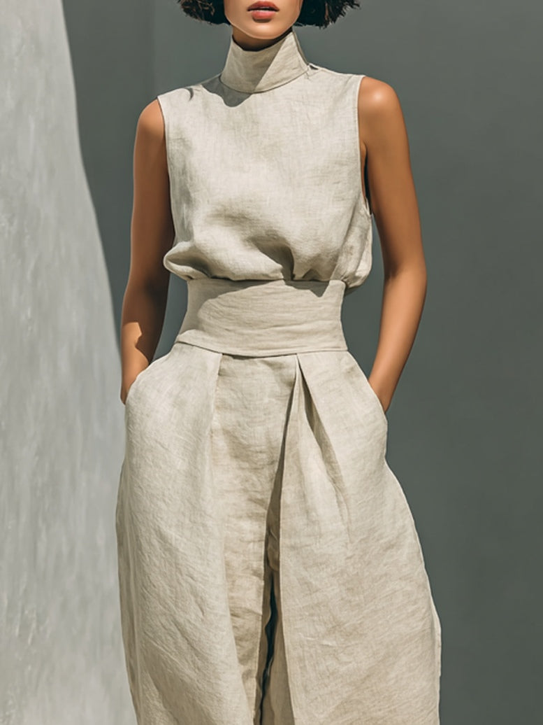 Aurora | Set consisting of a sleeveless beige top in a cotton-linen blend and wide-leg trousers
