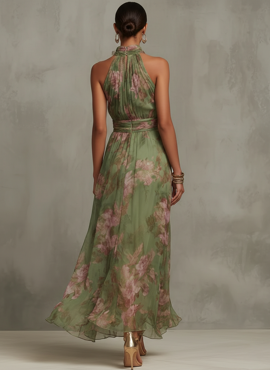 Serena - Long floral green chiffon dress with halter neckline
