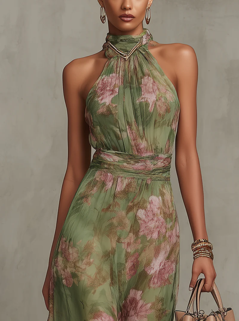 Serena - Long floral green chiffon dress with halter neckline