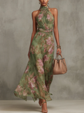 Serena - Long floral green chiffon dress with halter neckline