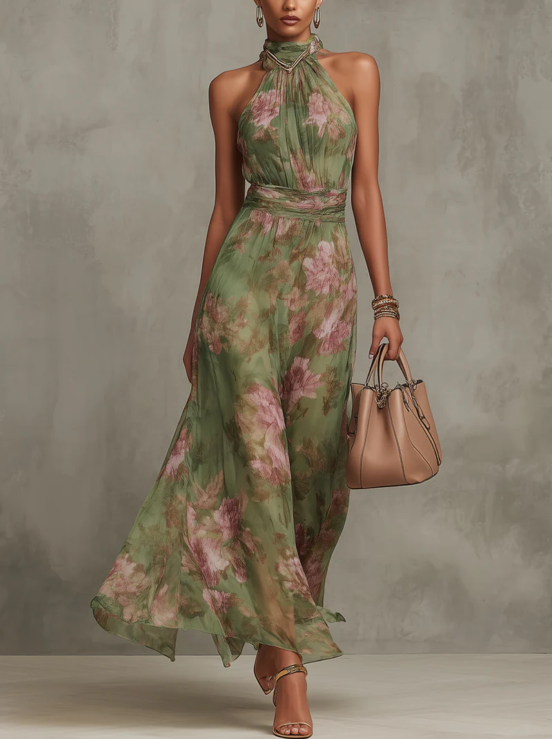 Serena - Long floral green chiffon dress with halter neckline