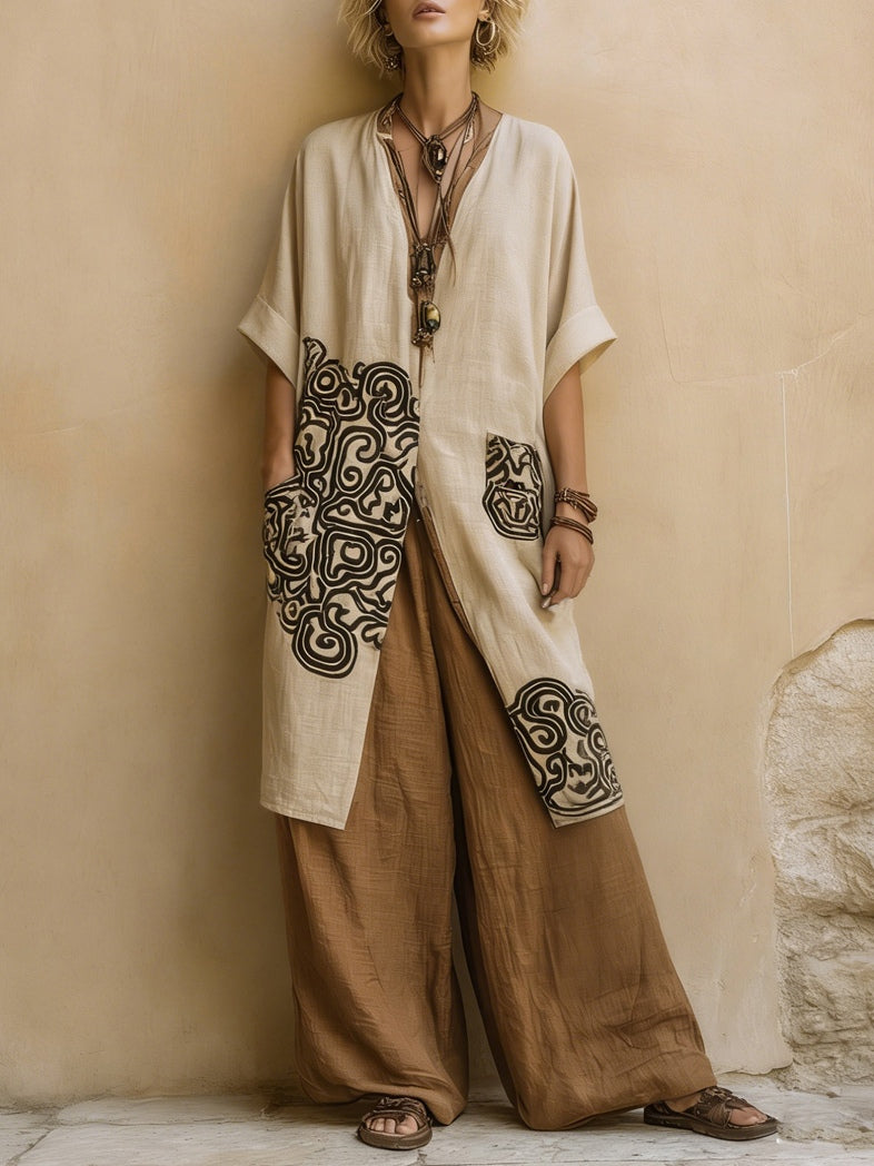 Giulia - Three-Piece Bohemian Nomad Set in Dark Grey and Brown with Tribal Pattern