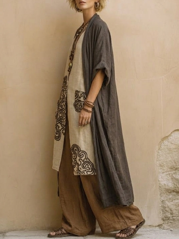 Giulia - Three-Piece Bohemian Nomad Set in Dark Grey and Brown with Tribal Pattern