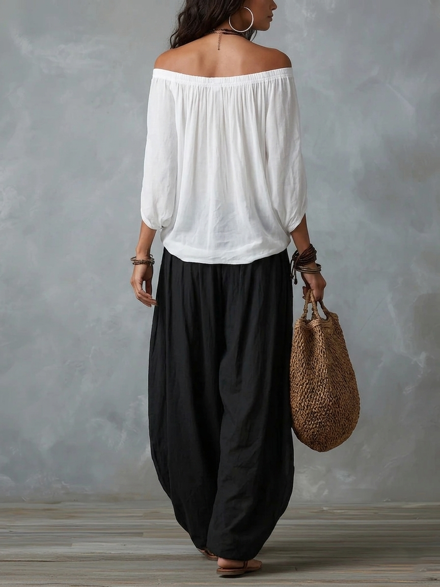 Lisa - White Off-the-Shoulder Top and Loose Lantern Trousers Set