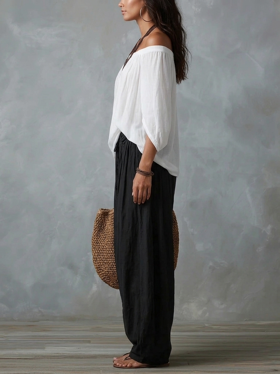 Lisa - White Off-the-Shoulder Top and Loose Lantern Trousers Set