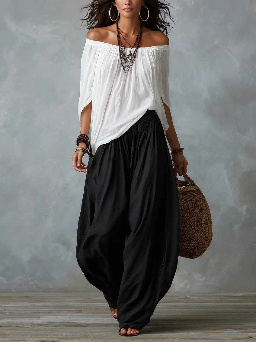 Lisa - White Off-the-Shoulder Top and Loose Lantern Trousers Set