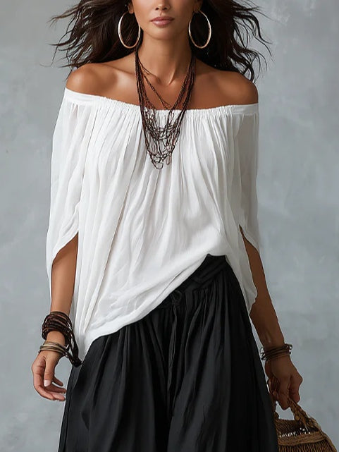 Lisa - White Off-the-Shoulder Top and Loose Lantern Trousers Set