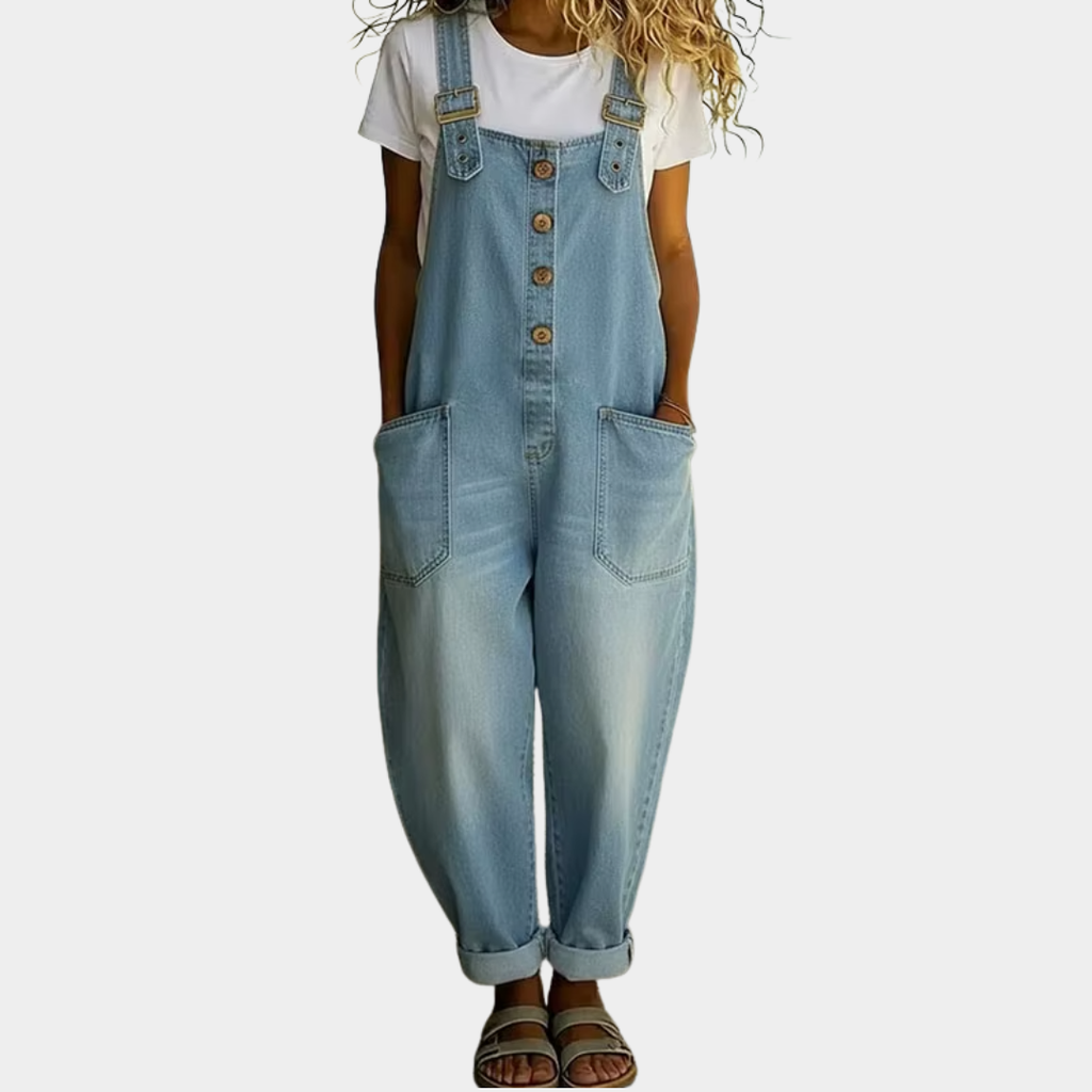 Mara - Vintage Soft Cotton Denim-Look Dungarees with Adjustable Straps