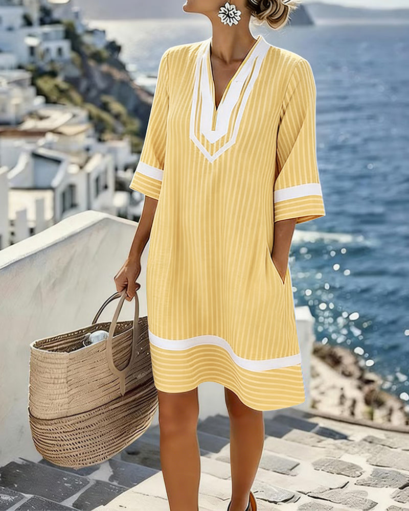 Lisa - V-Neck Short Sleeve Striped Dress