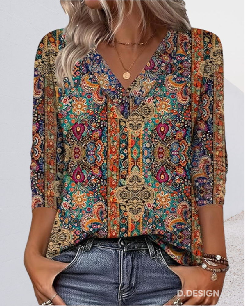 Katherine - Retro Printed Blouse V-Neck