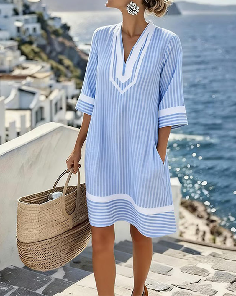 Lisa - V-Neck Short Sleeve Striped Dress