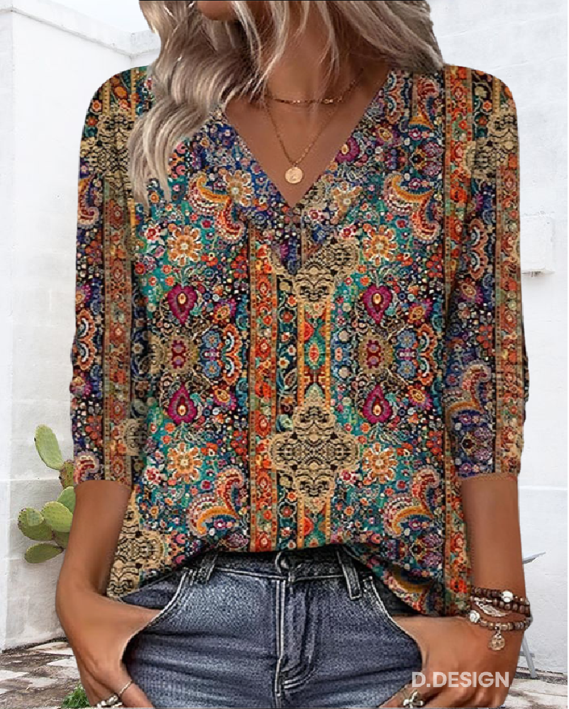Katherine - Retro Printed Blouse V-Neck