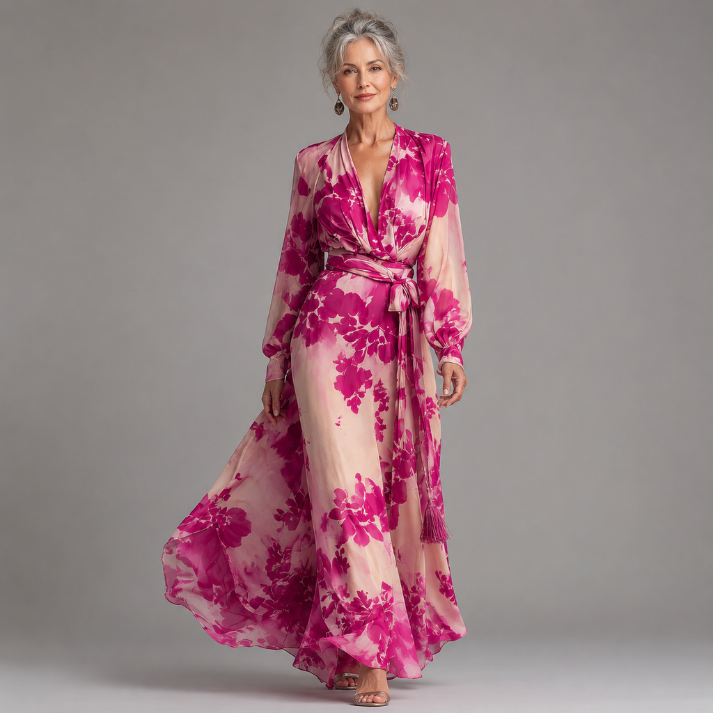 Juliesse | Rose Floral V-Neck Belted Maxi Dress