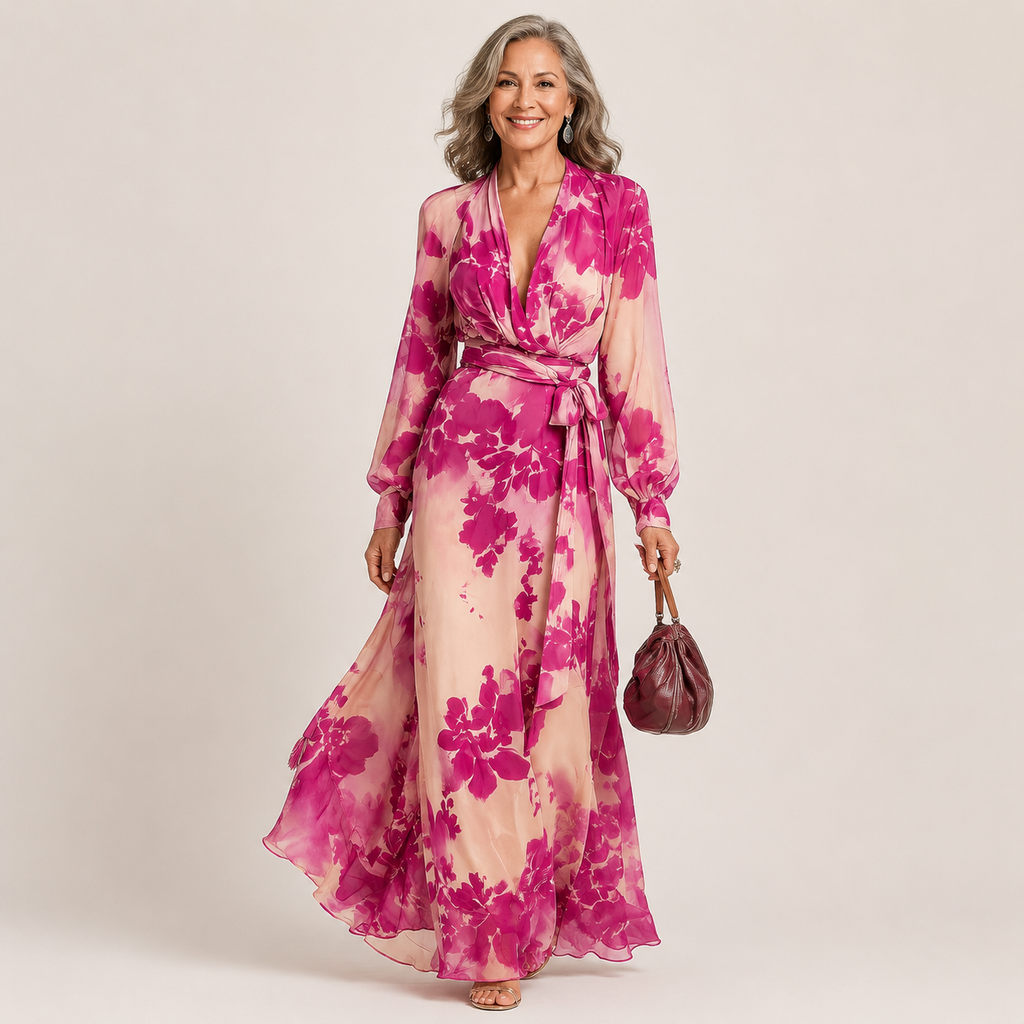 Juliesse | Rose Floral V-Neck Belted Maxi Dress