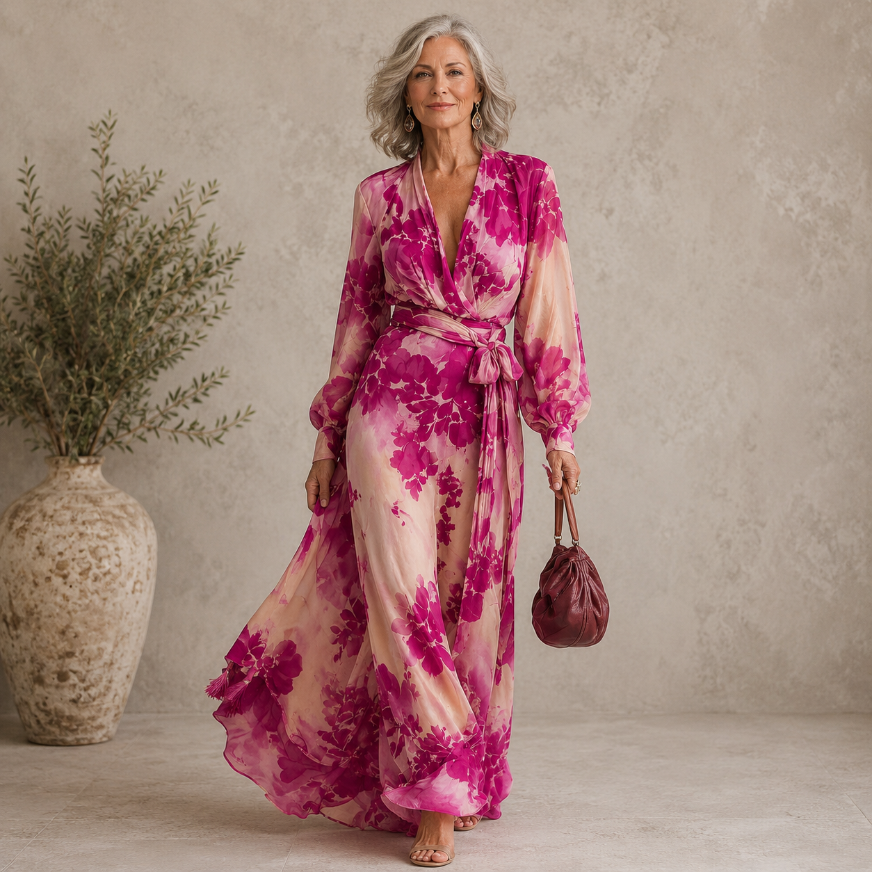 Juliesse | Rose Floral V-Neck Belted Maxi Dress