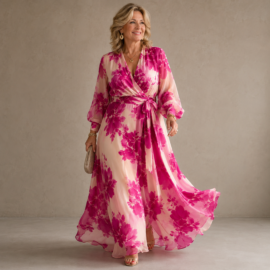 Juliesse | Rose Floral V-Neck Belted Maxi Dress