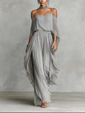Isabela | Grey fluid set with spaghetti strap top and lightweight trousers