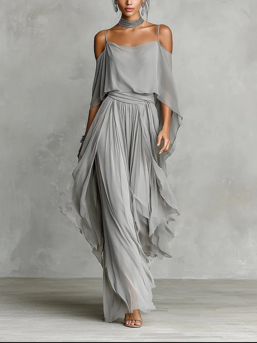 Isabela | Grey fluid set with spaghetti strap top and lightweight trousers