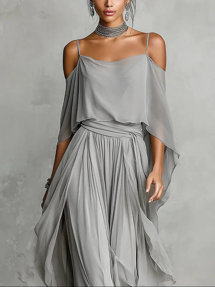 Isabela | Grey fluid set with spaghetti strap top and lightweight trousers