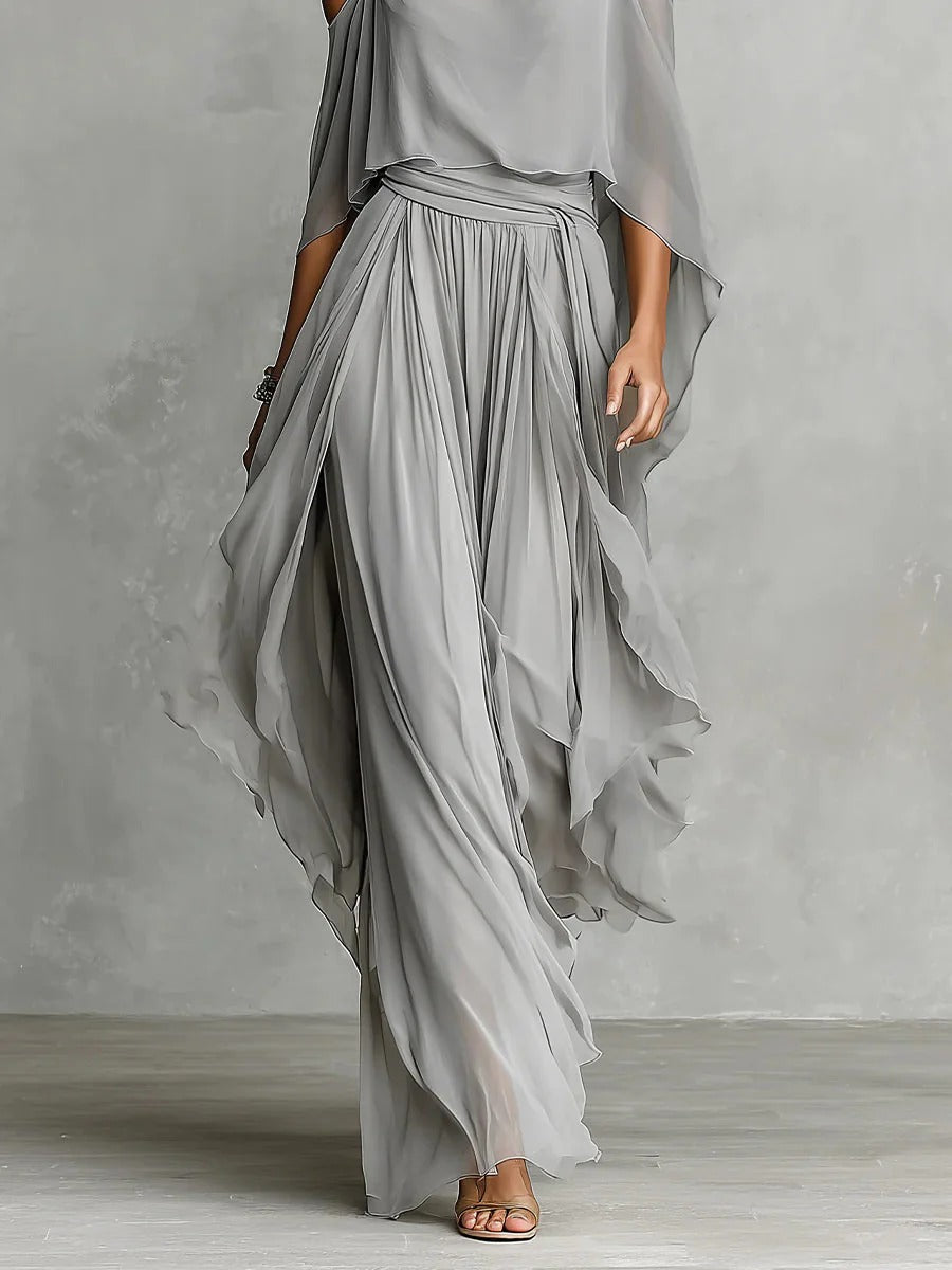 Isabela | Grey fluid set with spaghetti strap top and lightweight trousers