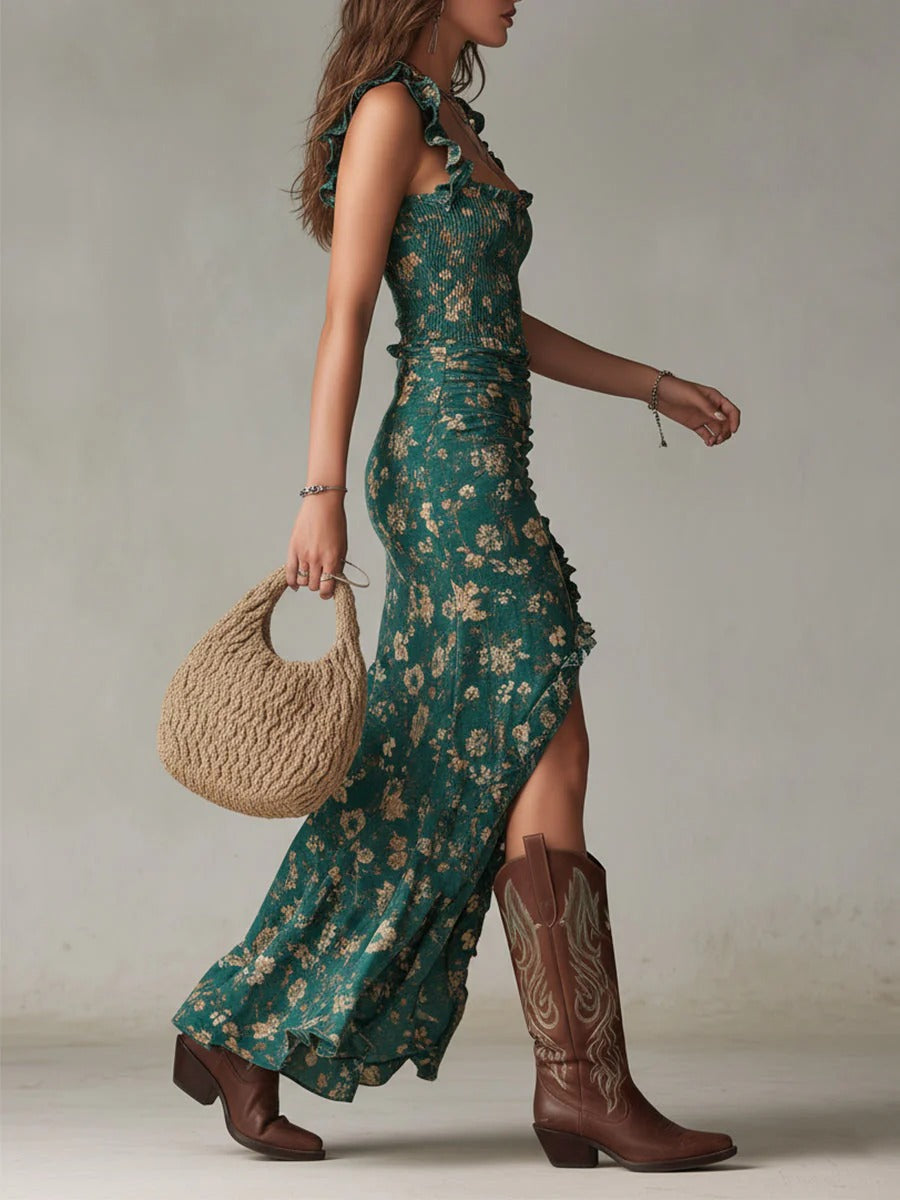 Zara | Retro boho maxi dress with flowing sleeves and side slit