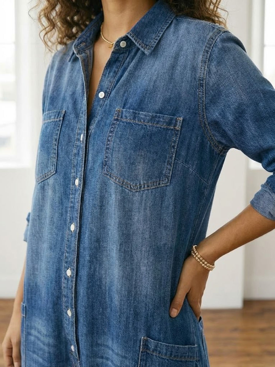 Saylor - Vintage Washed Soft Cotton Denim Jumpsuit with Button Closure