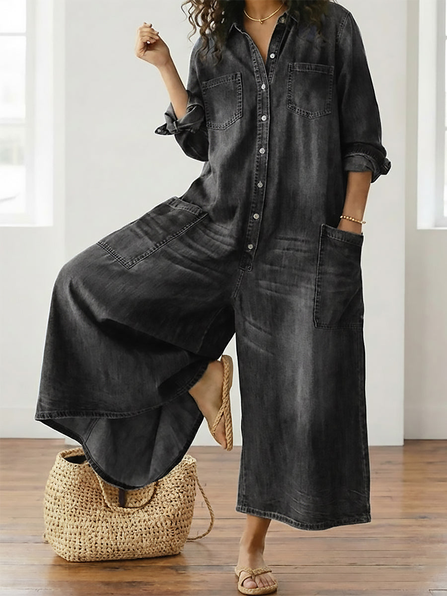 Saylor - Vintage Washed Soft Cotton Denim Jumpsuit with Button Closure
